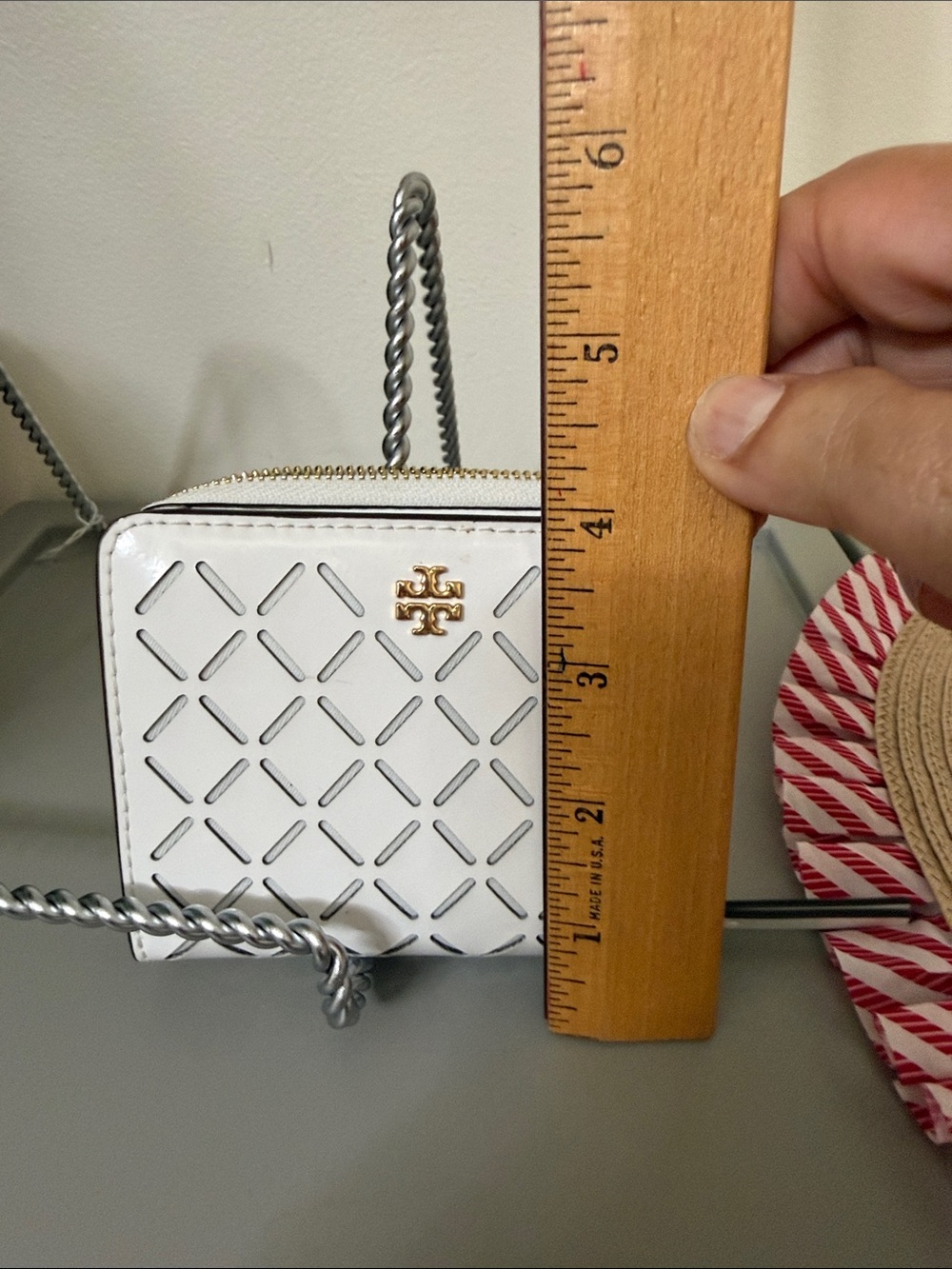 Tory Burch White Perforated Patent Zip Wallet with Gold Logo - Picture 16 of 16